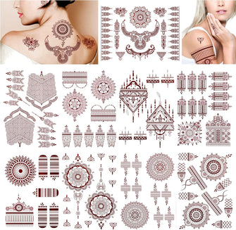 DPKOW Brown Red Temporary Tattoos for Woman Girls, 9 Sheets Mandala flower Tattoo Stickers Indian Lace Tattoo for Hand Arm Body Art, Waterproof Fake Temporary Tattoos Stickers for Eid al-Fitr Wedding