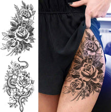 Geweir 34 Sheets Big Large Peony Rose Flowers Temporary Tattoos For Women Thigh Girls Arm, 3D Floral Snake Fake Tattoo Stickers For Adults, Realistic Body Art Temp Black Sketch Tattoo Decals Paste