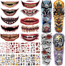 Aresvns Halloween Zombie Makeup Temporary Tattoos, 30 sheets Clown Horror Mouth Tattoo Halloween face tattoo Sleeve Tattoos for adult and kids