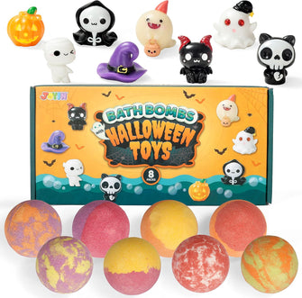 8 Pcs Halloween Bath Bombs for Kids with Surprise Halloween Themed Toys InsideBubble Bath Bombs with Toys InsideSPA Bath Fizzies Set, Great Gift Set for Birthday, Halloween for Boys and Girls