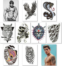 8 Sheets Temporary Transfer Tattoos Transfers For Guys Men Boys & Teens - Fake Stickers For Arms Shoulders Chest Back Legs Eagle Koi Fish Skull Gun Owl Tattoo For Halloween - Realistic Waterproof