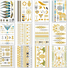 Metallic Temporary Transfer Tattoos for Women Teens Girls - 12 Sheets Gold Silver Temporary Tattoos Glitter Tattoo Designs Jewellery Tattoos - 150+ Colour Flash Fake Waterproof Tattoo Stickers, Bequia