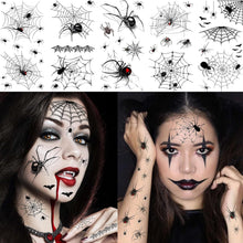 COKTAK 8 Sheets Large 3D Spider Web Temporary Tattoos Halloween Makeup Kit For Women Adults Realistic Witch Bat Zombie Fake Face Tattoos Sticker For Kids Men Adults Scary Halloween Decals Spiderweb