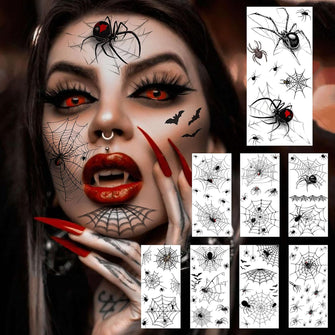 COKTAK 8 Sheets Large 3D Spider Web Temporary Tattoos Halloween Makeup Kit For Women Adults Realistic Witch Bat Zombie Fake Face Tattoos Sticker For Kids Men Adults Scary Halloween Decals Spiderweb