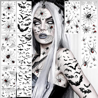 LAROI 9 Sheets Halloween Spider Web Face Tattoo Stickers, Bat Spider Fake Half Arm Tattoo Sleeve For Women Men Adults Kids, Scary Spiderweb Witch Makeup for Halloween Face Tattoo Zombie Makeup Kit