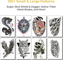 8 Sheets Temporary Transfer Tattoos Transfers For Guys Men Boys & Teens - Fake Stickers For Arms Shoulders Chest Back Legs Eagle Koi Fish Skull Gun Owl Tattoo For Halloween - Realistic Waterproof