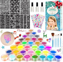 Glitter Tattoos for Kids, Temporary Tattoo Kit - 36 Colours Glitter, 182 Stencils, 6 Fluorescent, 215 Rhinestones, Skin Friendly Flash Make Up for Girls & Adults, Gift for Carnival, Birthday, Party