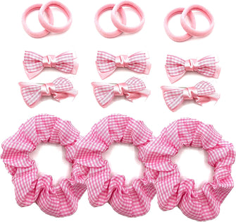 15 x Piece Hair Set Gingham Hair Scrunchies, 6 Hair Bow Clips, 6 Bow Ponios School Hair Accessories Girls Hair Bands Clips (Baby Pink)