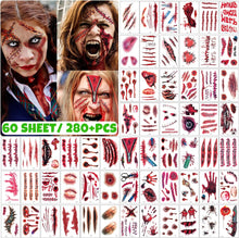 Halloween Scars Temporary Tattoos, 280 Pcs Realistic Fake Scars and Bloody Wounds Stickers, Skin-Safe and Waterproof for Zombies Cosplay Party, 60 Sheets