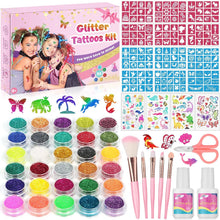 Glitter Tattoos Kit, Temporary Tattoos Set for Kids, 30 Colours Glitter,139 Stencils, 4 Sheets Tattoos Sticks, 5 Brushes, Body Make-up & Nail Art kits, Gift Birthday Party for Girls Boys Teenager