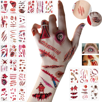 LessMo Halloween Wound Tattoos, 320 Pcs Halloween Temporary Tattoos, Waterproof Scar Tattoos wound tattoos Zombie Scars Tattoos, Halloween Makeup Stickers for Halloween Party Prop and Cosplay