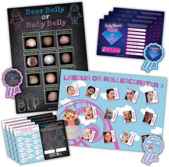 3 Baby Shower Games - Labour or Rollercoaster- Beer Belly or Baby Belly- Price is Right. 3 Winner Prizes - 20 Player Game Pack - XL Posters for prime baby shower boy, girl or unisex party