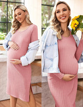 Ekouaer Maternity Dress Rib Knit Long Sleeve Side Slit Bodycon Dresses Pregnancy Baby Clothes, S-XXL