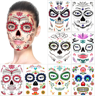 Halloween Face Temporary Tattoos (8Pack), Howaf Day of the Dead Sugar Skull Floral Black Skeleton Web Red Roses Transfers Face Tattoo for Women Men Adult Kids Halloween Party Favor Supplies