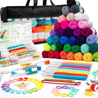 INSCRAFT Crochet Yarns Kit for Beginners Adults, 40 Acrylic Yarns Set for Crocheting, 1600 Yards Knitting Yarn Bag Kit, 73PCS Crochet Accessories Set Including Ergonomic Hooks, Knitting Needles