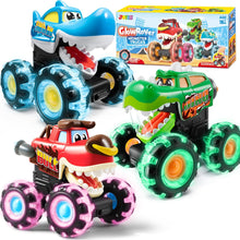 JOYIN 3 Pack Monster Truck Toys for Boy Girl Age 1 2 3 4 5 6, Motion Activated Light-Up Cars, Monster Treads Lightning Wheels, Baby Gift- Pull Back Friction Toy Cars for Kids 1 2+ Year Old Boys