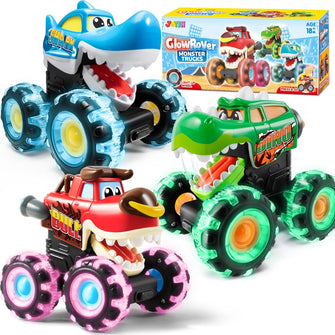 JOYIN 3 Pack Monster Truck Toys for Boy Girl Age 1 2 3 4 5 6, Motion Activated Light-Up Cars, Monster Treads Lightning Wheels, Baby Gift- Pull Back Friction Toy Cars for Kids 1 2+ Year Old Boys