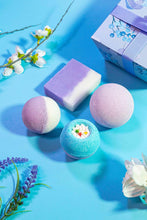 Marco Paul Colourful 4PC Luxury Scented Bath Bombs and Soap Gift Box - Beautiful Scented Shower Bombs Essential Oil Soap Spa Organic Vegan Women (Aqua Lilac)