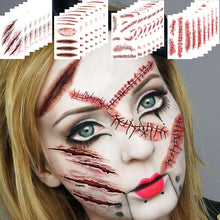 EGMBGM 128+ PCS 28 Sheets Fake Stitches Temporary Tattoos Halloween Makeup Kit For Women Men Adults Kids 3D Zombie Make Up Scary Fake Chucky Scars Tattoo Stickers Wound Cut Blood Face Tatoos Scratches