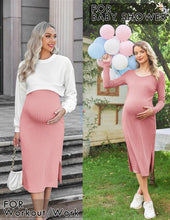 Ekouaer Maternity Dress Rib Knit Long Sleeve Side Slit Bodycon Dresses Pregnancy Baby Clothes, S-XXL