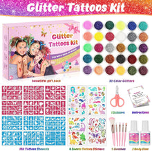 Glitter Tattoos Kit, Temporary Tattoos Set for Kids, 30 Colours Glitter,139 Stencils, 4 Sheets Tattoos Sticks, 5 Brushes, Body Make-up & Nail Art kits, Gift Birthday Party for Girls Boys Teenager