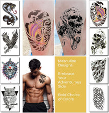 8 Sheets Temporary Transfer Tattoos Transfers For Guys Men Boys & Teens - Fake Stickers For Arms Shoulders Chest Back Legs Eagle Koi Fish Skull Gun Owl Tattoo For Halloween - Realistic Waterproof