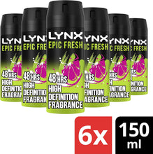 Lynx Epic Fresh grapefruit & tropical pineapple deodorant Bodyspray 48 hours of odour-busting zinc tech 150 ml pack of 6