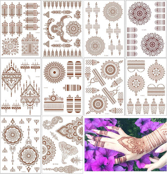 10 Sheets Temporary Tattoo Brown Red 3D Mandala Flower Tattoos Kit Indian Lace Stickers For Hand Arm Neck Body Art Waterproof Stencils for Women Girls Wedding Party Festivel Eid Al-Fitr Supplies