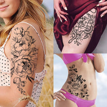 Geweir 34 Sheets Big Large Peony Rose Flowers Temporary Tattoos For Women Thigh Girls Arm, 3D Floral Snake Fake Tattoo Stickers For Adults, Realistic Body Art Temp Black Sketch Tattoo Decals Paste