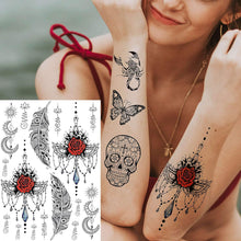 EGMBGM 28 Sheets Tribal Black Temporary Tattoos For Women Girls, Waterproof Fake Tattoos Temporary Elephant Ganesha Lace Tattoo Kits, Lotus Mandala Flower Tatoo Sticker Moon Neck Chest Arm Butterfly