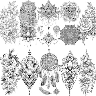 LAROI 10 Sheets Black Indian Lace Temporary Tattoos Flower Mandala Flower DreamCatcher Tattoos Temporary Adults Stickers Peony Girlsboys Body Art Arm Waterproof Tatoo Fake Jewels Wedding Brides