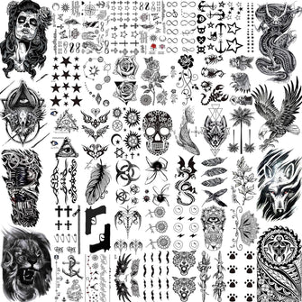 LAROI 50 Sheets Animals Black Temporary Tattoos For Men Adults Tribal Ealge Dragon Fake Small Temporary Tattoos For Women Neck Arm Thigh Flower Tattoo Sticker For Kids Boys Halloween Tatoos Wolf Lion