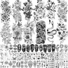 COKTAK 59 Sheets Sexy 3D Rose Flower Temporary Tattoos For Women Girls Arm Neck, Snake Floral Sunflower Leaf Peony Fake Tattoo Sticker Adult, Black Realistic Temp Tatoos Moon Dandelion Butterfly Thigh