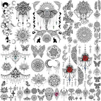 EGMBGM 28 Sheets Tribal Black Temporary Tattoos For Women Girls, Waterproof Fake Tattoos Temporary Elephant Ganesha Lace Tattoo Kits, Lotus Mandala Flower Tatoo Sticker Moon Neck Chest Arm Butterfly