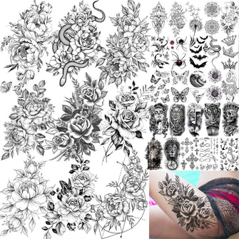 Geweir 34 Sheets Big Large Peony Rose Flowers Temporary Tattoos For Women Thigh Girls Arm, 3D Floral Snake Fake Tattoo Stickers For Adults, Realistic Body Art Temp Black Sketch Tattoo Decals Paste