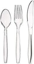 Pack of 150 Heavy Duty Reusable Clear Plastic Cutlery Set [ 50 Spoons, 50 Forks, 50 Knives Set ] Perfect for for Birthday Parties Buffets Picnics BBQ's Weddings Camping