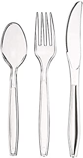 Pack of 150 Heavy Duty Reusable Clear Plastic Cutlery Set [ 50 Spoons, 50 Forks, 50 Knives Set ] Perfect for for Birthday Parties Buffets Picnics BBQ's Weddings Camping