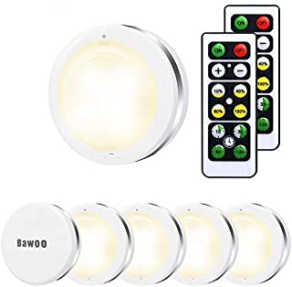 Under Cabinet Lights, Bawoo Wireless LED Puck Lights Remote Control, 4000K Natural White Brightness Dimmable Battery Powered Touch Closet Cupboard Kitchen Wardrobe Lights, 6 Pack (White)