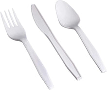 Shefa Pack of 300 White Plastic Cutlery Set - 100 Spoon, 100 Fork, 100 Knife - Reusable & Washable, Heavy Duty Cutlery, 5.7" Long Tablespoon - Ideal for Birthday, Parties, Camping, Catering (300 pcs)