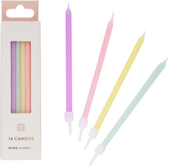 Pack of 16 Rainbow Pastel Birthday Candles with Holders  Tall Thin 10cm  Cake Decorations for Birthdays, Baby Shower, Easter, Girls Party, Daughter, 16th, 18th, 21st