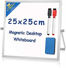 Small Dry Erase White Board for Desk 25 X 25 cm with 2 Wipe Clean pens & Rubber. Magnetic Double Sided Personal Desktop Tabletop Dry Erase Board Easel Board with Stand for Kids Home Office