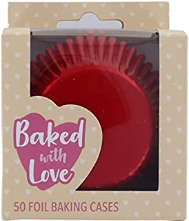 Baked with Love Red Foil Baking Cases, Foil Baking Cups, Greaseproof Cupcake Cases, Red - Pack of 50