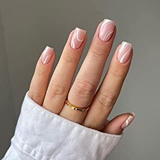 LADYING 24 Pcs Square False Nails Short, White Swirl French Press on Nails Designs, Wavy Fake Nails Short with Nail Glue , Nude Squoval Stick on Nails for Women, Nail Fake Nail for Nails Art