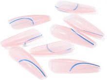 Vatocu Coffin Glossy Fake Nails Long Pink False Nails Blue Wave Lines Press on Nails White Acrylic Stick on Nails for Women and Girls (24pcs