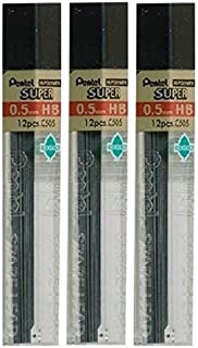 Pentel 0.5mm Size HB Shade Hardness Pencil Refill Replacement Spare Leads Hi Pollymer Super For Automatic & Mechanical Pencils (Pack Of 3 Tubes - 36 Pieces)