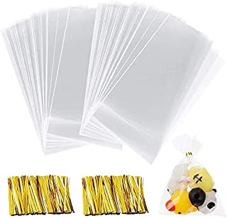 kuou 100 Pcs Clear OPP Bags, Clear Treat Bags with Twist Ties, Plastic Cookie Bags Candy Bags Dessert Bags for Small Gift（8 x 12 cm）