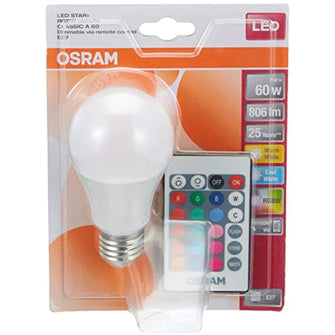 OSRAM Color changing remote controlled 9W LED bulb, yellow and white light, RGB E27 A60 9W / 27K-65K 806lm