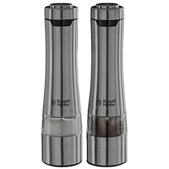 Russell Hobbs Salt And Pepper Grinder Electric Set, Stainless Steel, Ceramic Grinder, Coarse Adjustable With Grinding Degree, Led Lighting, Battery Operated, Two Bottom Covers, Spice Mills 23460-56