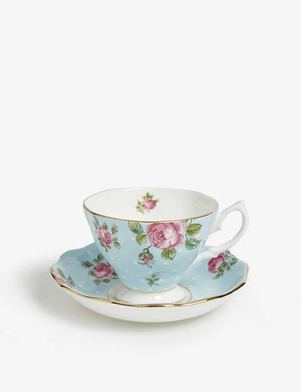 Polka Blue Vintage china teacup and saucer set of two