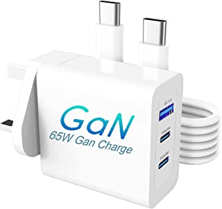 USB C Charger 65W PD 3.0 GaN Fast Wall Charger For MacBook Pro/Air, iPad Pro, Galaxy S22+/S21, Dell XPS 13, Note 20, iPhone 13, Pixel Adapter with 3-Port (2 USB-C and 1 USB A) With 60W USB C Cable